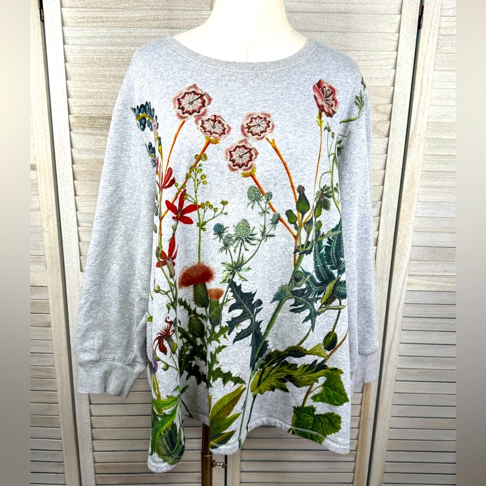 COLDWATER CREEK Botanical Print Crewneck Sweatshirt Gray/Floral-2X